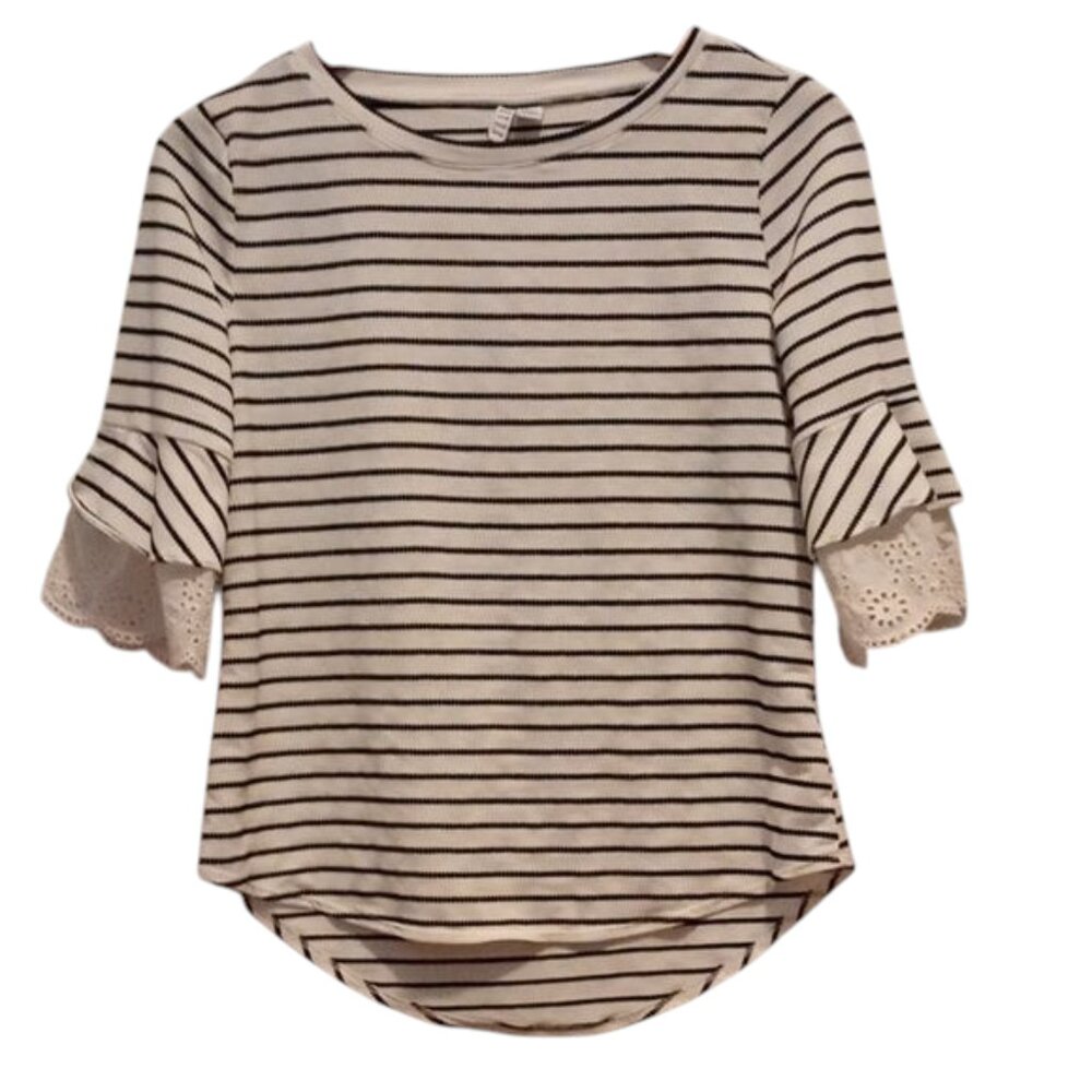 Elle Black White Striped Blouse XS Women’s Lace Sleeve Casual Top